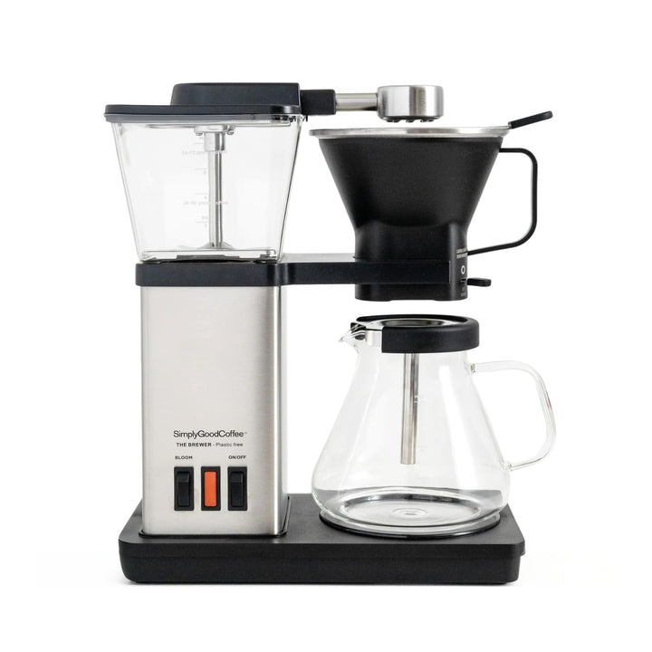 SimplyGoodCoffee THE BREWER - Plastic-Free. Coffee Maker/Coffee Machine. 8 Cup Automatic Drip Pour Over Coffee Brewer. Brewer Free of Plastic, Gold Cup Standard. Black/Stainless Steel