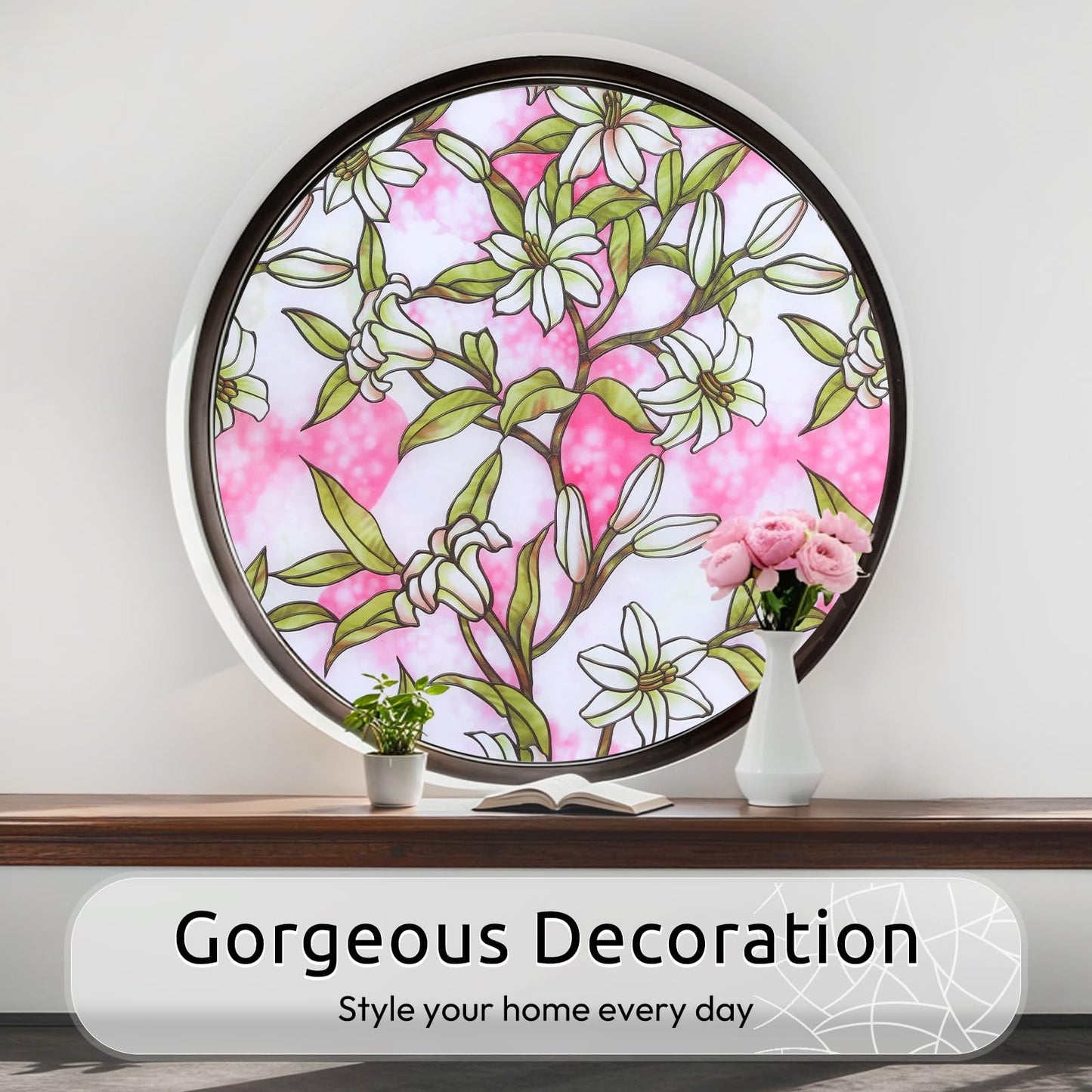 rabbitgoo Stained Glass Window Privacy Film, Pink Lily, 17.5" X 78.7"
