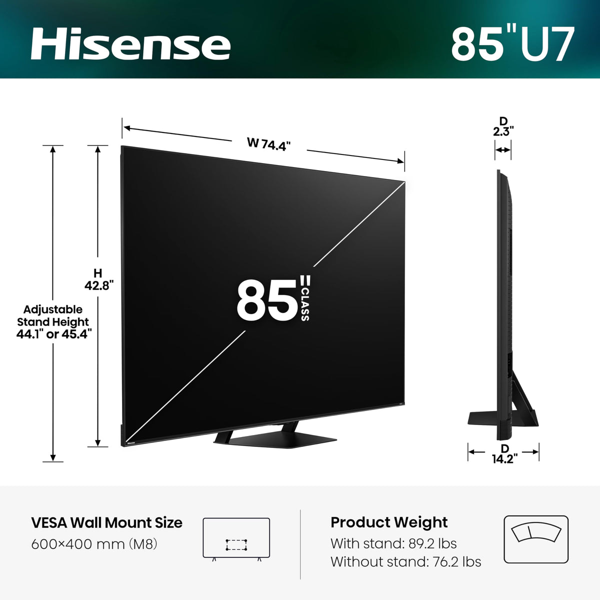 85" U7 Mini-LED ULED 4K UHD Best Premium Gaming HDR Smart Google TV (85U7SG, 2026 New) - Hi-QLED, Native 165Hz, VRR 330, HDR10+, Dolby Vision IQ·Atmos, IMAX Enhanced, Anti-Reflection, 2.1.2 Ch