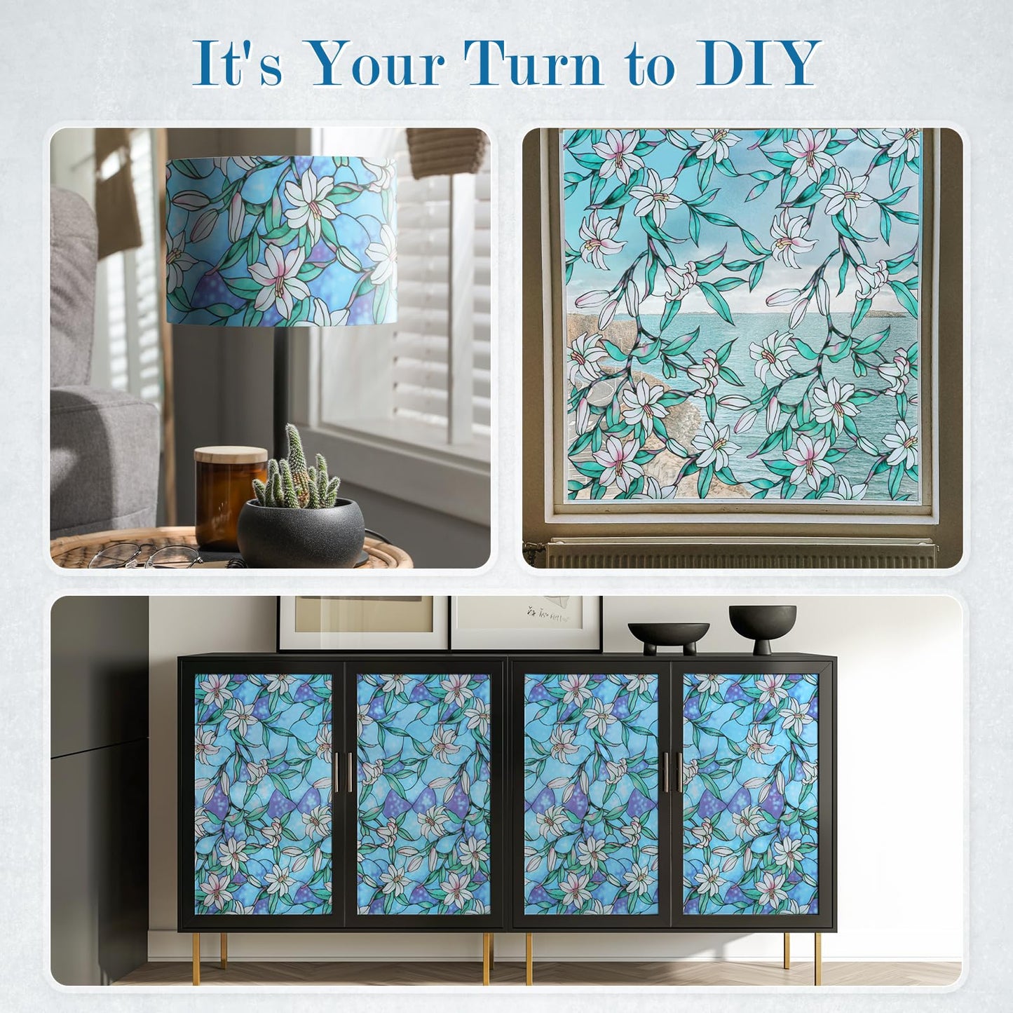 rabbitgoo Stained Glass Window Privacy Film, Blue Lily, 17.5" X 78.7"