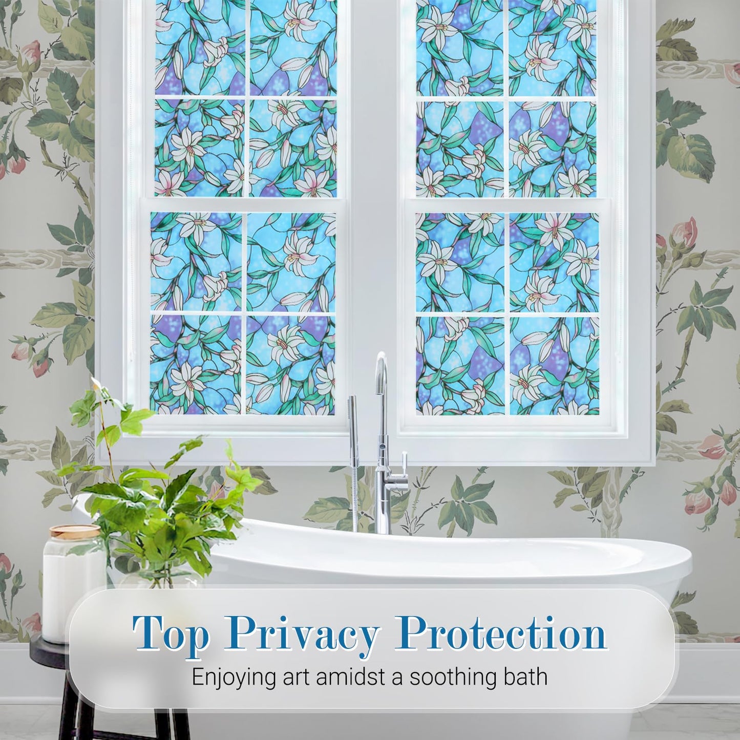 rabbitgoo Stained Glass Window Privacy Film, Blue Lily, 17.5" X 78.7"