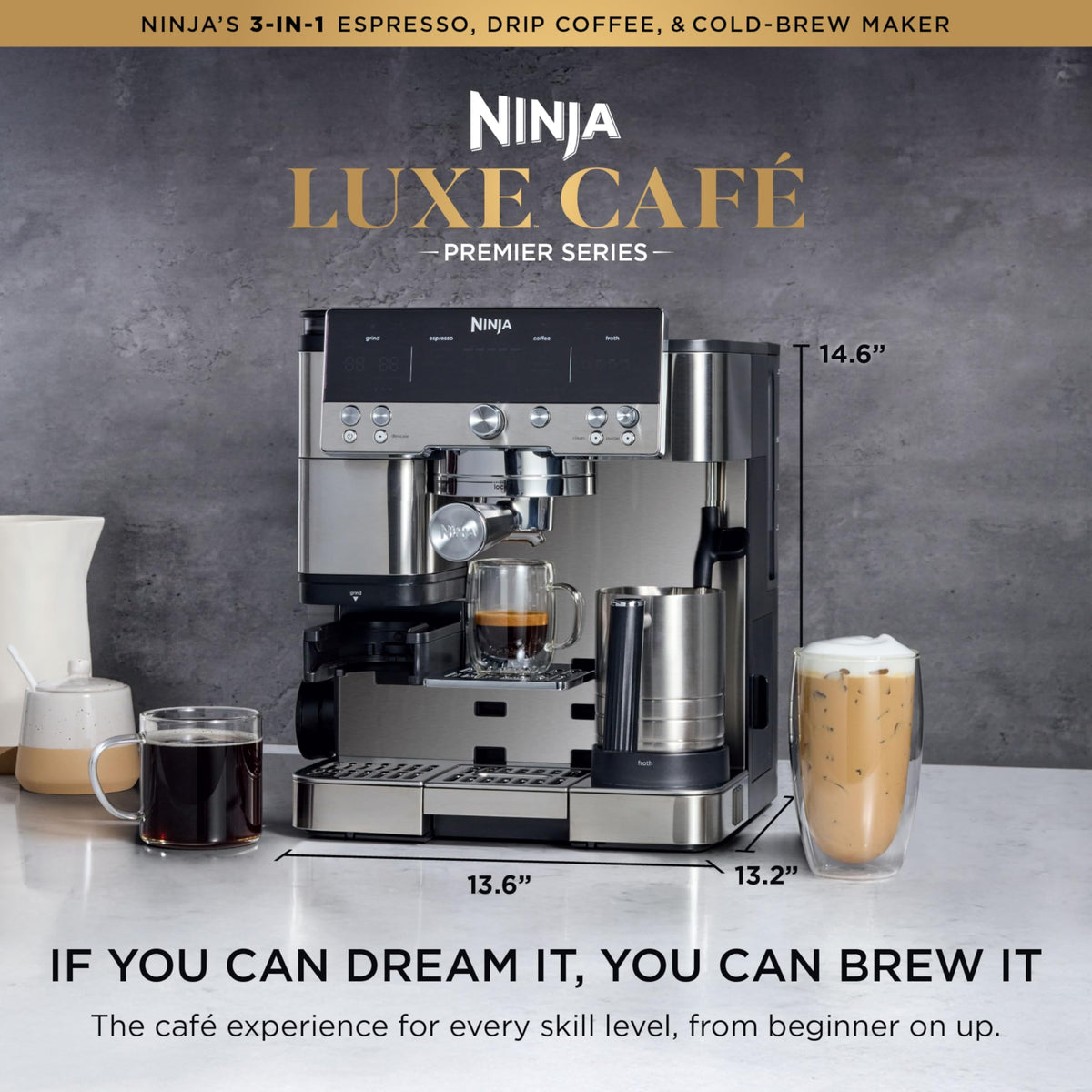 Luxe Café Premier 3-in-1 Espresso Machine, Drip Coffee, & Cold Brew