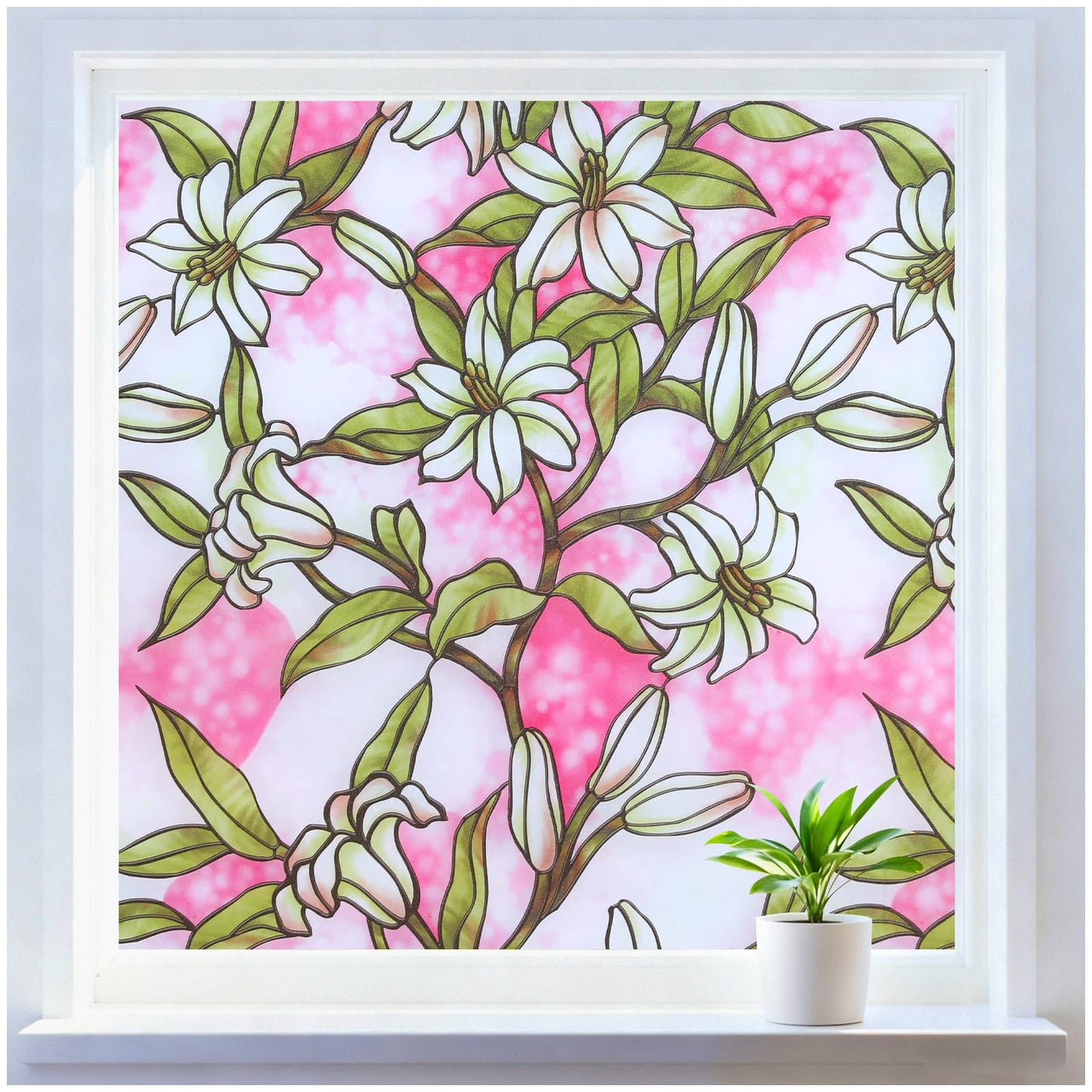 rabbitgoo Stained Glass Window Privacy Film, Pink Lily, 17.5" X 78.7"