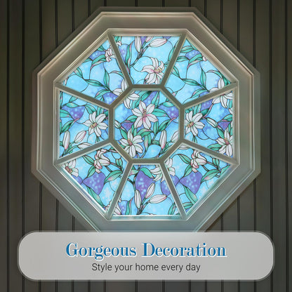 rabbitgoo Stained Glass Window Privacy Film, Blue Lily, 17.5" X 78.7"
