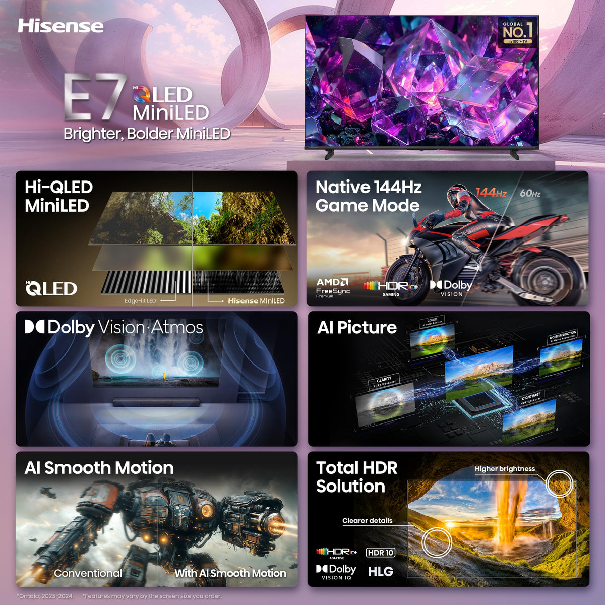 85" E7 Cinema Series Hi-QLED Mini-LED 4K UHD Smart Fire TV (85E7SF, 2026 NEW) - Native 144Hz, AI Picture, Dolby Vision IQ · Atmos, FALD, HDR10+ Adaptive, MEMC, Alexa+
