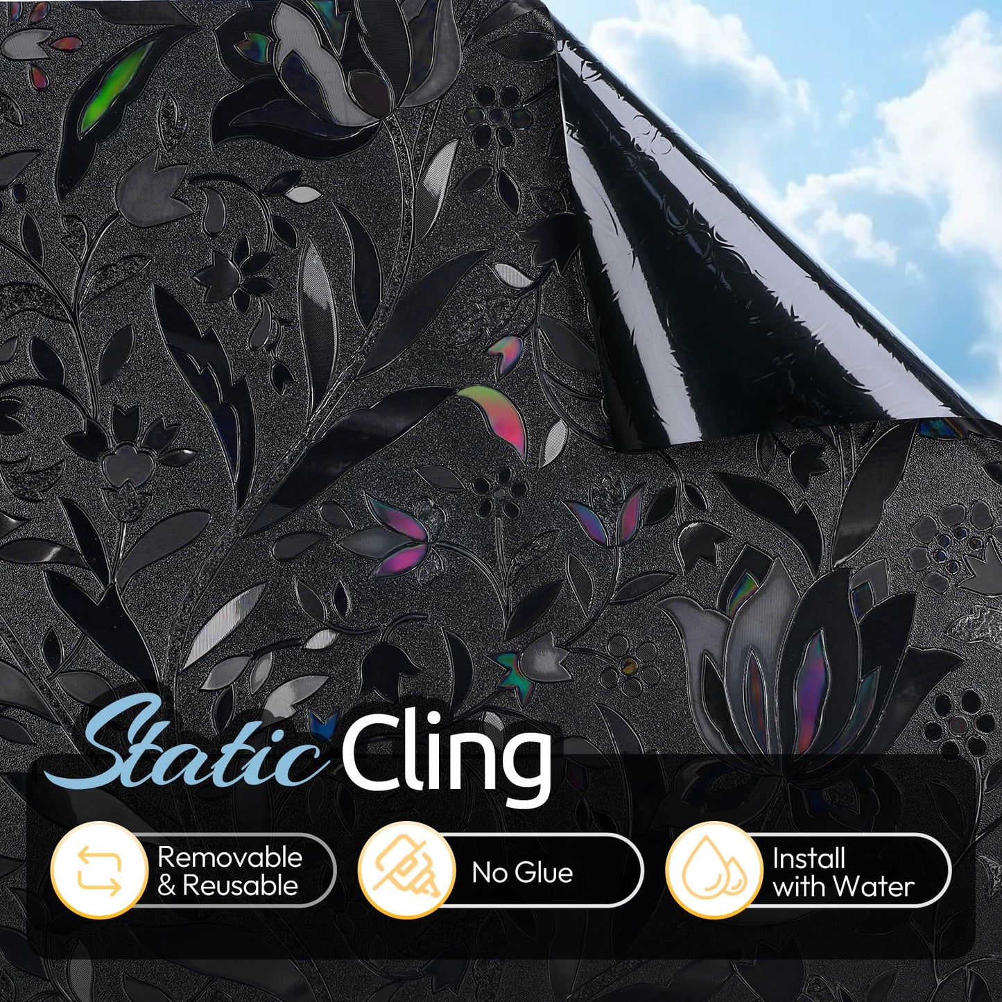 rabbitgoo Total Blackout Window Film, Black Privacy Cling, 17.5" x 78.7"