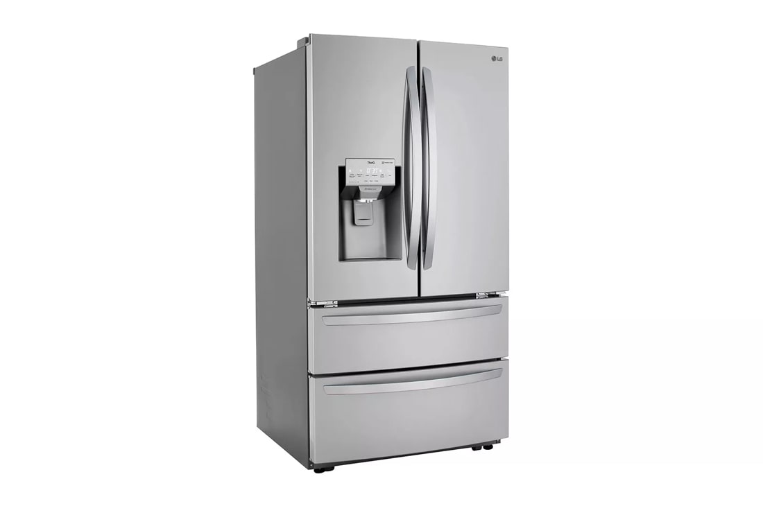LG LRMXS2806S four-door refrigerator, angled front view